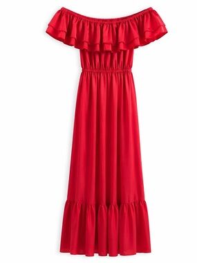 Off-Shoulder Ruffle Maxi Dress in Bright Red